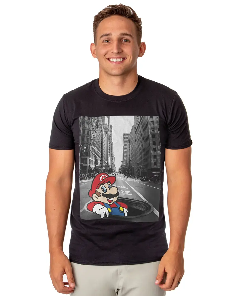 Super Mario T-Shirt Men's Black and White City Scene Adult Graphic Tee