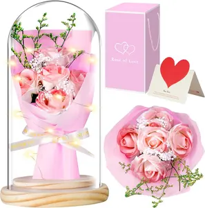 Preserved Flowers Rose Gifts for Her,  Bouquet in Glass Dome with LED Light, Birthday Gifts for Mom Wife Sister