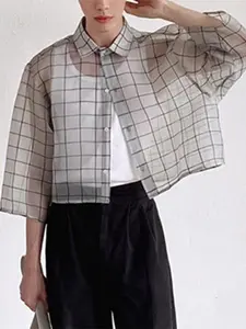 INCERUN Men Shirt Top Plaid Mesh Transparent Lapel 3/4 Sleeve Sexy Casual Men Clothing Streetwear Loose Button Fashion Camisas