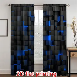 Luxury Blue Geometric Curtains Set, 2pcs Semi-Transparent Polyester Drapes for Living Room Bedroom Office Hotel Privacy Protection