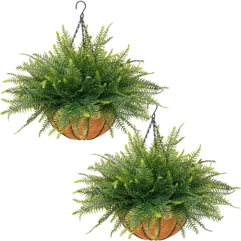 2-Pcs Low-Maintenance Artificial Hanging Fern Plant Set - Outdoor UV-Resistant Decorative Faux Ferns with Flower Hanging Baskets, Easy Installation for Nature-Infused Living Space, Patio Garden House Decor