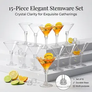 15-Piece Elegant Martini Glass Set, Crystal-Clear Stemware with Durable Base, Reusable Cocktail Glasses for Parties, Bars, Weddings & Daily Use