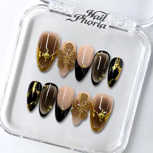 NailPhoria BLACK AMBER - Handmade Press-On Nails | Reusable, Salon-Quality, Long-Lasting, Glossy Design