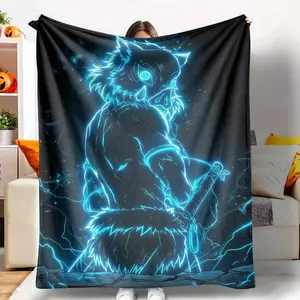 Demon Slayer Inosuke Hashibira Electric Blue Neon Glow Flannel Blanket, Japanese Anime Character Art Print, Ultra-Soft Plush Fleece, Hypoallergenic, Cozy Warm Lightweight, Gift for Anime Fans, Ideal for Home Sofa Bed