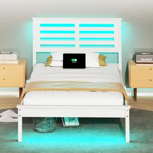 VINGLI Solid Wood Twin Bed Frame for Kids with LED Lights/Charging Station, Single Panel Platform Bed with Headboard, No Box Spring Needed,White