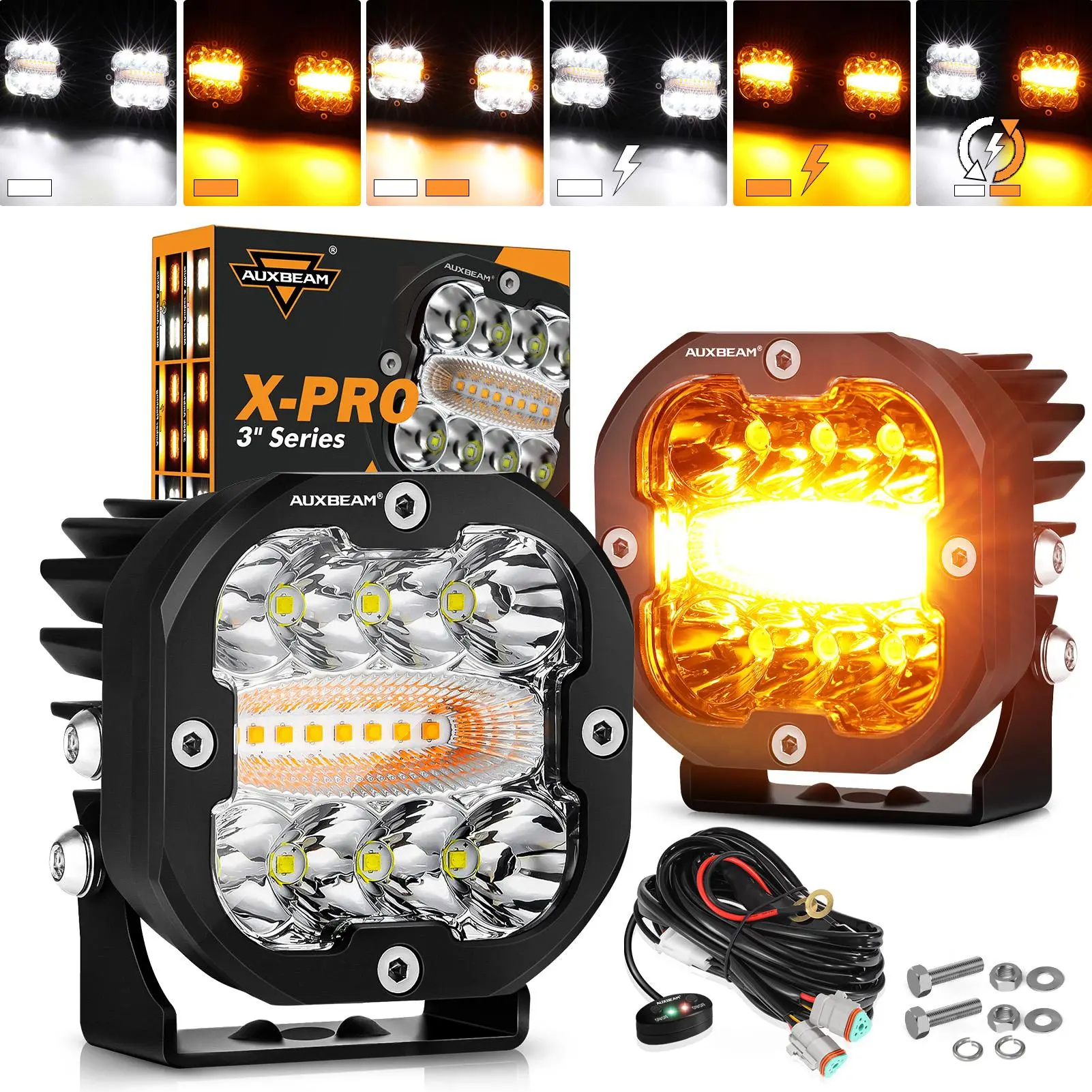 AUXBEAM XP-Ultra 3-Inch 6-Mode 96W Dual-Color LED Pods (2pcs) - White Amber Spot Flood Combo, IP68 Waterproof, Memory Function, Dual Button & 1-Click White Reset, Full Wiring Harness, Led Car Lights, Truck Accessories for Offroad Vehicles Led Backlights
