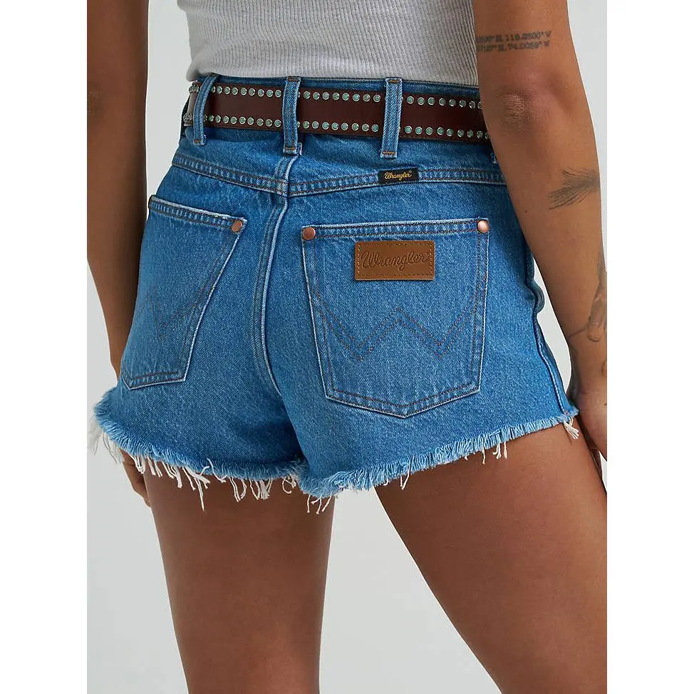 Wrangler Women's High-Rise Cowboy Cutoff Jean Shorts - Slim Fit, Midwash Denim, Raw Leg Hem, Non-Stretch 100% Cotton Women's Bottom, Lady