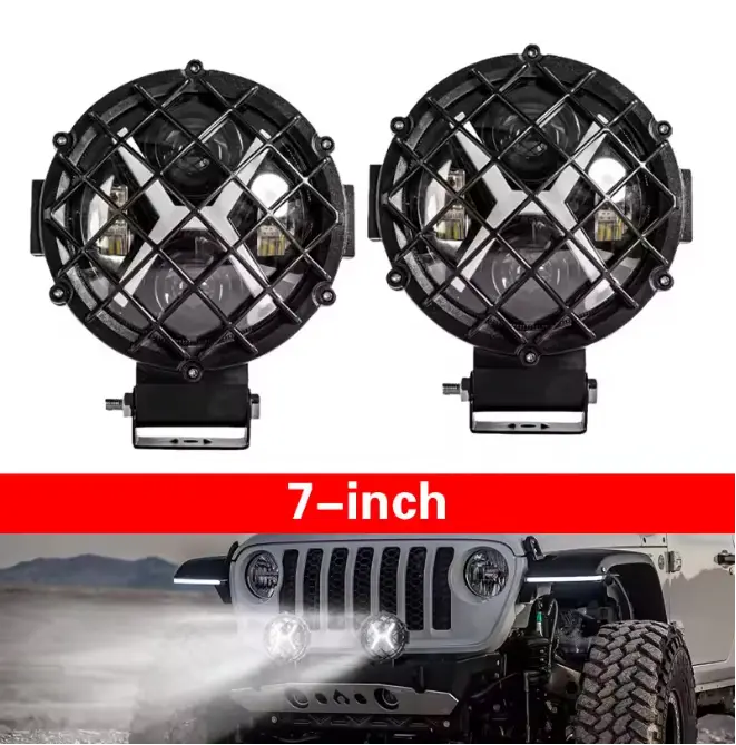 7 In Round Shape LED Work Light with X-Shaped DRL Halo, 40W Off-Road Drive Spotlight Fog Lamp, 12V-24V IP68 Rated Waterproof Auxiliary Headlight with Mount, Die-Cast Alum. for Jeep, Truck, 1/2 Pack, Led Lights, Fog Illumination