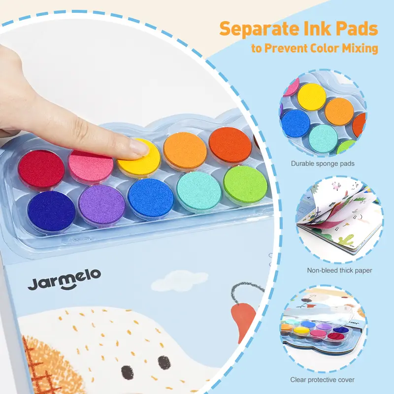 Jar Melo Vibrant Compact Fingerprint Handprint Coloring Gift Book for Kids - 12 Sponge Ink Pads, Bleed-Resistant Pages, Kids Toys, Art Learning Educational Supplies, Hand-Eye Coordination Craft Kit, Christmas Gift