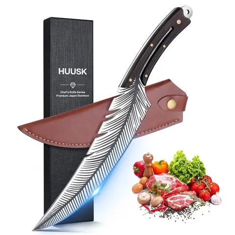 Huusk Professional Chef Boning Knife - Hand-Forged High Carbon Steel Ultra-Sharp Feather Blade, 5-Rivet Strength Wooden Handle, Protective Sheath, Ideal for Meat & BBQs, Classic Gift for Cooking Enthusiasts & Father's Day