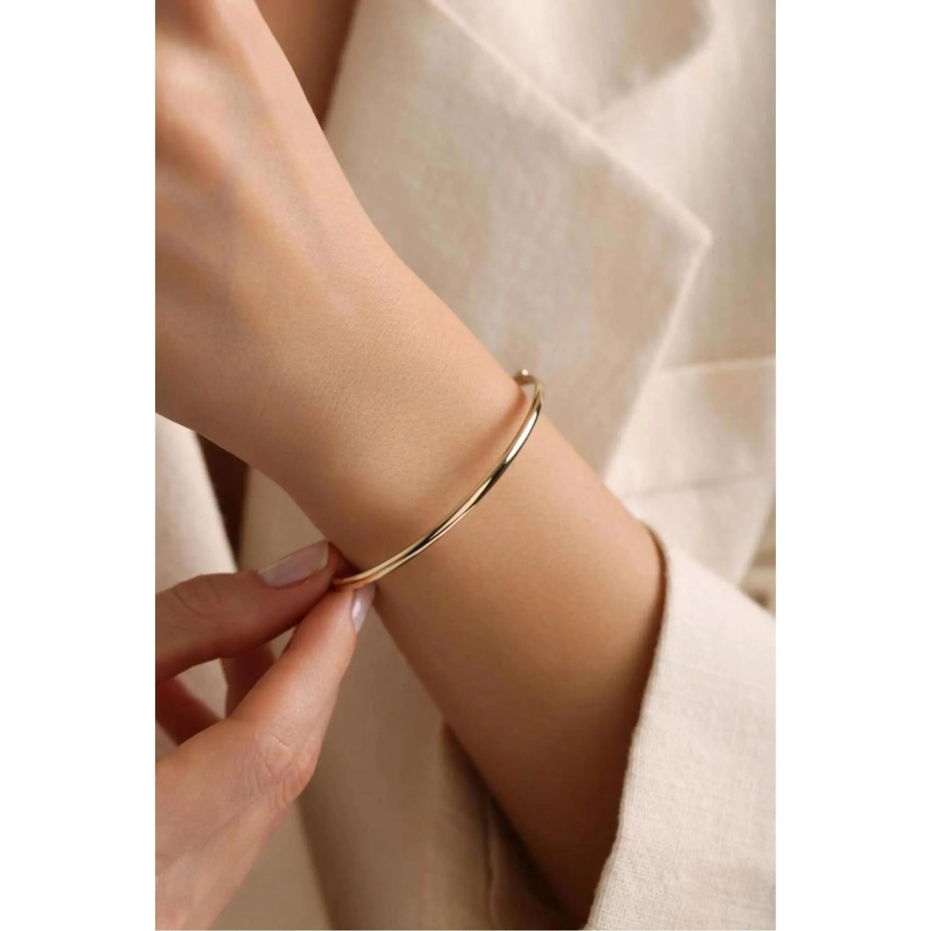 14K Gold 4mm Bangle Bracelet, Dainty Gold Bracelet