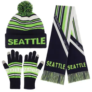 Knitted Seattle Ribbed Beanie Scarf & Gloves Set Jacquard Design Elastic Warm Winter Accessories for Football Fans Winter Fashion