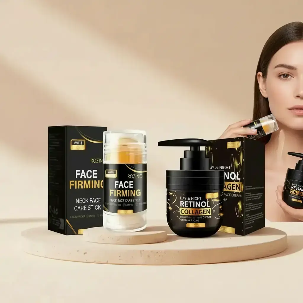 ROZINO Retinol Firming Stick & Collagen Cream Bundle, Neck Care Duo, 40g Combo Neck Balm and 100g Hydrating Face Moisturizer for All Skin Types, Skin Care for Face and Neck, Beauty Products