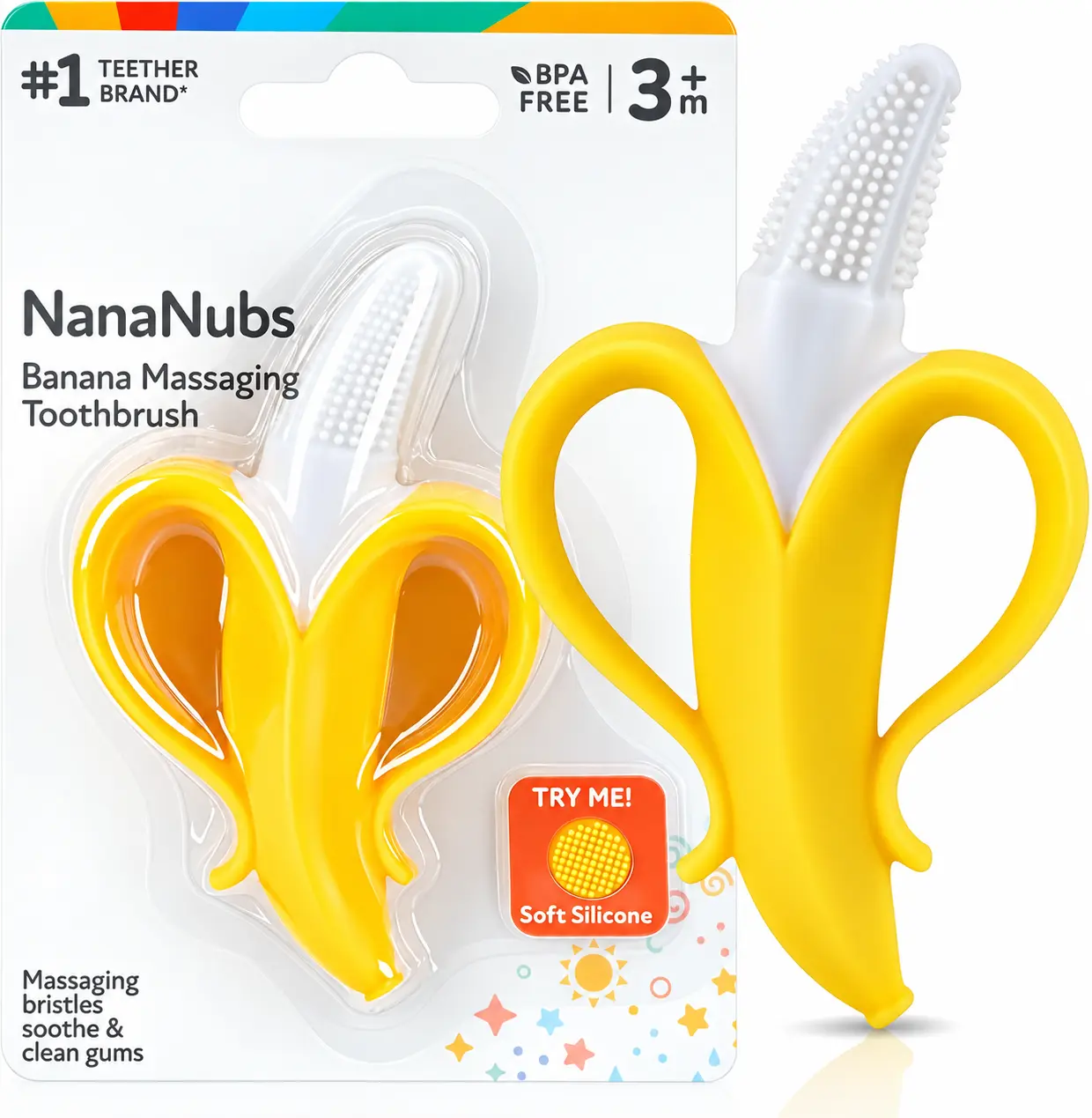 NanaNubs Banana Form Silicone Toy Teether Toothbrush for Babies 3+ Months, Massages Gums