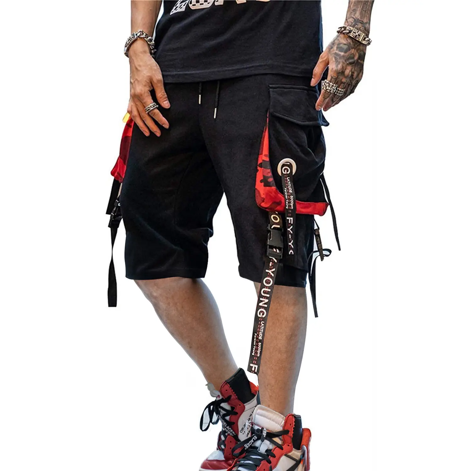 Techwear Cargo Shorts For Men Drawstring Summer Beach Stretch Hip Hop Joggers Techwear Pants Outdoor Shorts With Pockets Black Trouser