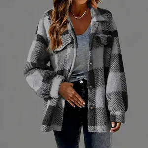 S-2XL Women's Plaid Coat with Pockets & Buttons Plush Jacket for Autumn/Winter Fitted Long Sleeve Medium Length Casual Fashionable Sobretudo Casaco Feminino