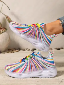 Women's Rainbow Striped Sport Shoes, Breathable Flyknit Mesh Material, Gradient Color Swirl Print, Cushioned Bubble Sole, Spring Summer Casual Walk
