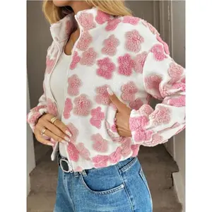 Women's Plush Floral Zipper Jacket Coat, Warm Textured Fabric, Flower Design, Fall Winter Fashion, Casual Style Womenswear Tops