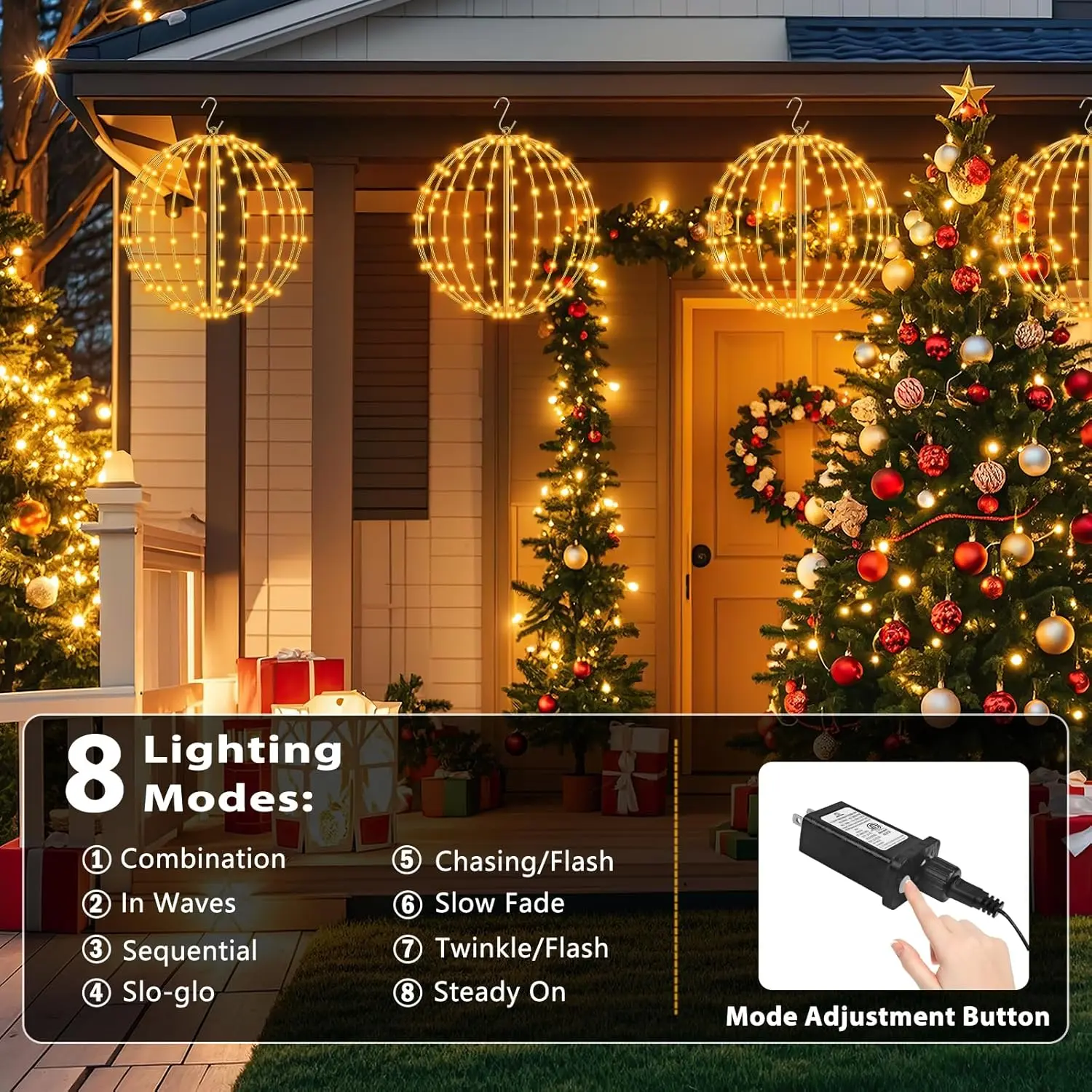 Foldable Large Christmas Ball Lights Diameter LED Decorative Balls Warm White 140 Bulbs Battery Powered 6 Hour Timer for Trees Hanging Strips Gardens Terraces Weddings