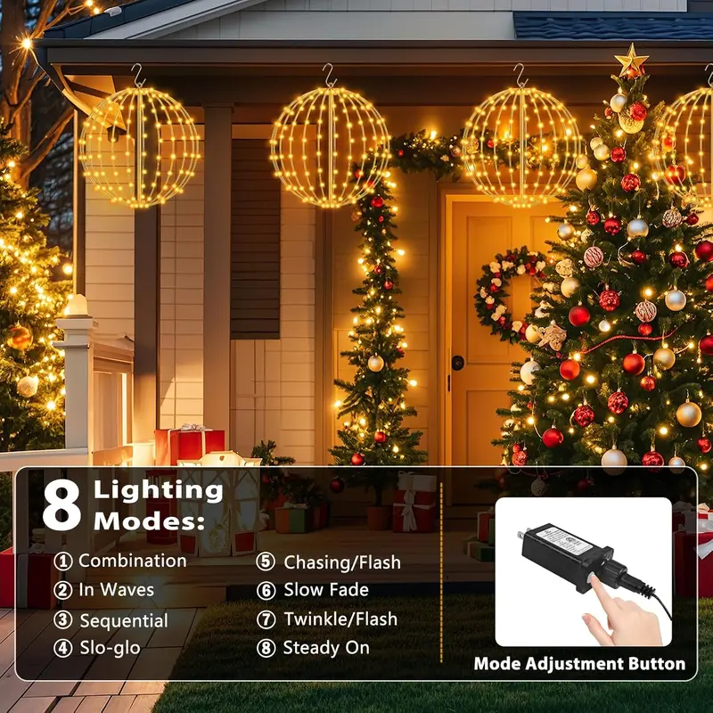 Foldable Large Christmas Ball Lights Diameter LED Decorative Balls Warm White 140 Bulbs Battery Powered 6 Hour Timer for Trees Hanging Strips Gardens Terraces Weddings