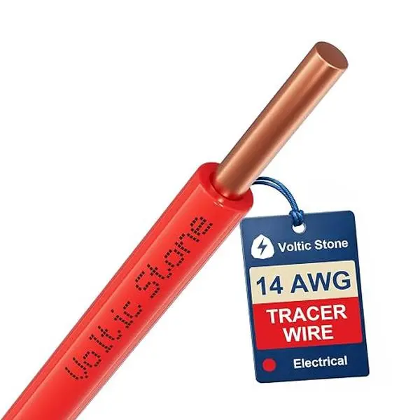 14 AWG Red Electrical Conduit Tracer Wire, True Gauge 100% Solid Copper Direct Burial Underground Locating Cable, 30/600V Rated, HDPE Jacket, Corrosion-Resistant for Power Conduit