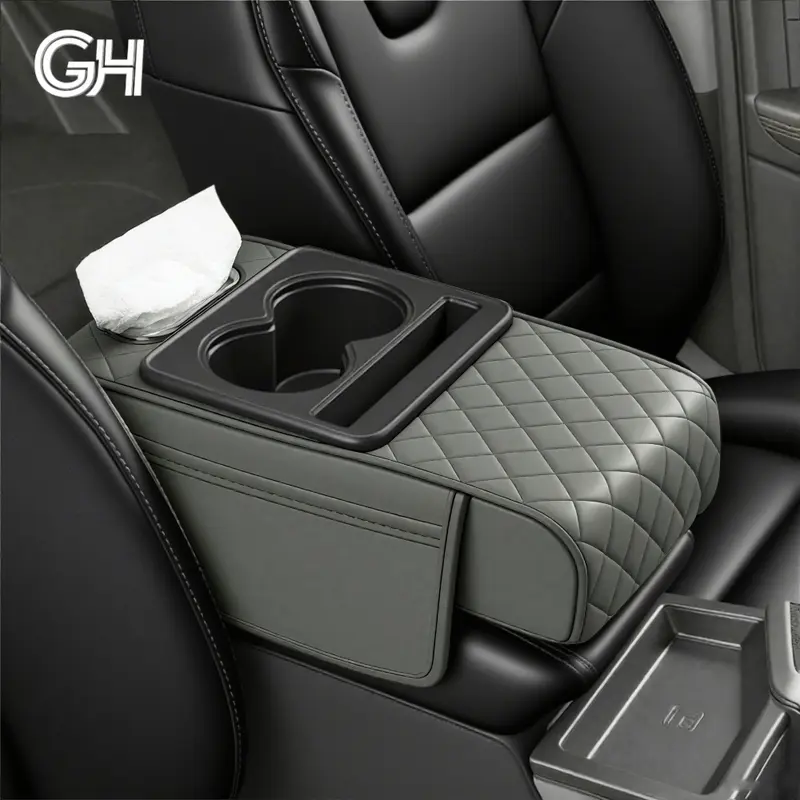 GOHIGH｜5-in-1 Car Center Console Cover, Multifunctional Embossed PU Leather Arm Rest Cover with Cup Holder/Phone Holder/Pocket/Tissue Holder, Height Enhancement Car Armrest Cushion for Ford Chevrolet Tesla Dodge Chrysler Most Cars