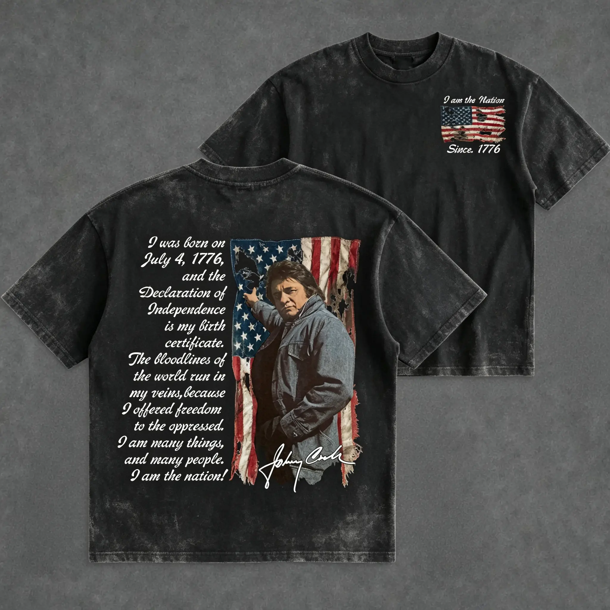 Men's Johnny Cash Vintage Short-Sleeve Round Neck Casual Top - USA-Made Contemporary T-Shirt, 4th of July 1776 "I am The Nation" Bold Quote Graphic, Gift-Ready 4th Tee, Machine Washable