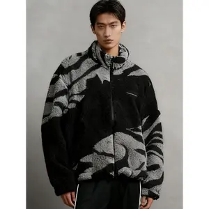 Men's Street Zebra Fleece Jacket, Camo Style, Lamb Fur Material, Warm Casual Fit, Fall & Winter Streetwear