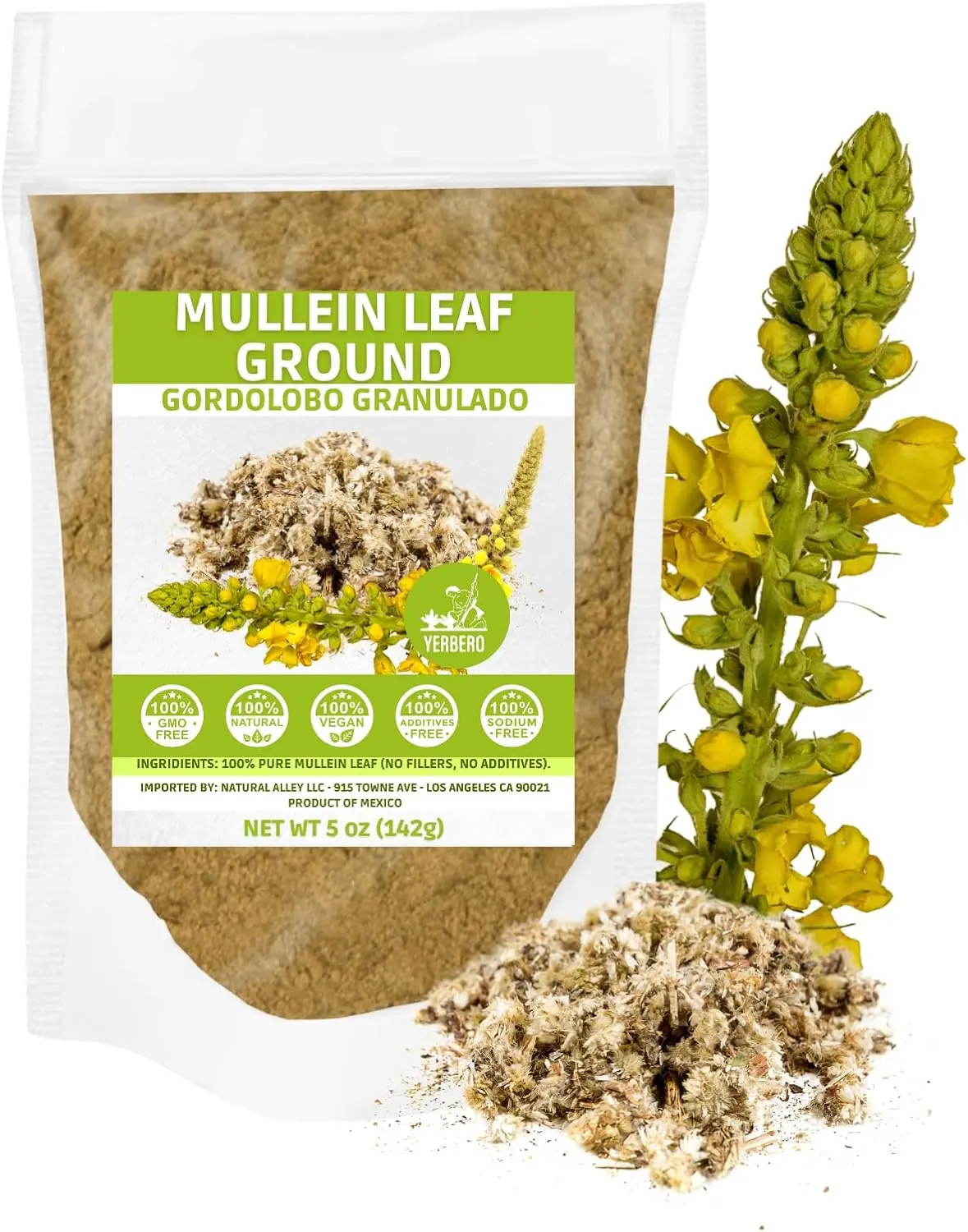 Yerbero - Premium Mullein Leaf Grounded 5 oz (142g) | Gordolobo en Polvo - Sasonador/Te |100% Pure Leaf, No Fillers, No Additives, Non GMO's, Dried Leaves Powder. Spice/Seasoning/Incense.