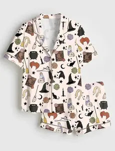 Halloween Black Cat Satin Pajama Set Women, Spooky Cute Sleepwear, Short Sleeve Cozy Lounge Outfit Gift Idea