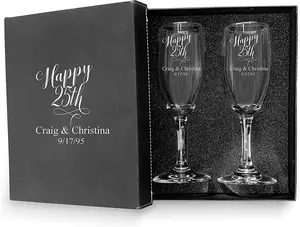 25th Anniversary Couple Champagne Glasses with Black Box | Perfect Anniversary Flutes | Bridal Shower Flutes Bachelorette Party Drinkware
