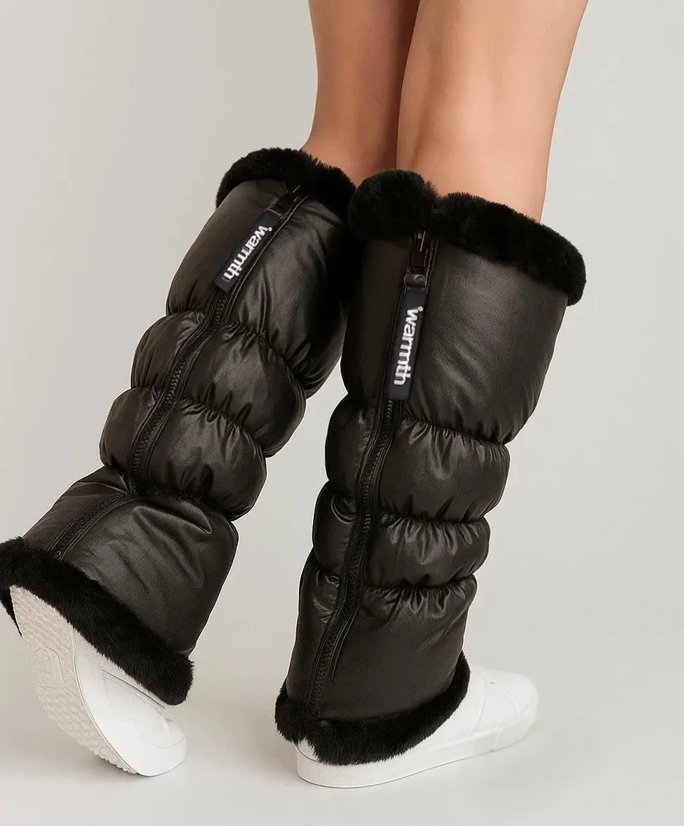 NEW! Warmth Sport FlipFit Metallic Black Reversible Zip Up Puffer Fabric & Faux Fur Leg Warmers for Women & Girl, Adjustable, womenswear, drawstring, zipper, sporty, golf, pickleball, tennis, gymnastics Soft Bag Customized Leggings Basic