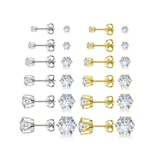 Surgical Steel Stud Earrings Set, Plated Hypoallergenic Earring Studs for Women, Stainless Steel Cubic Zirconia, Waterproof
