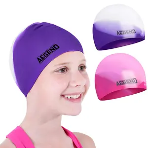 Aegend 2 Pack Kids Swim Cap for Age 4-12, Durable Silicone Swimming Cap for Boys Girls Youths, Comfortable Fit for Long/Short Hair, 3 Colors