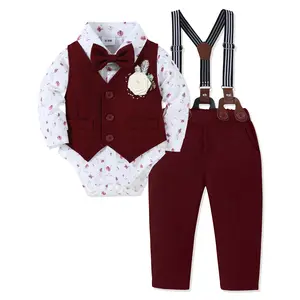 Baby Boy Clothes Suit Infant Gentleman Wedding Formal Outfit Dress Shirt+Bowtie+Vest+Corsage+Suspender+Pants 6Pcs  Casual Set 0-24M