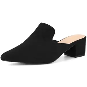 BLISSFUL STEP Slip on Pointed Toe Block Heels Slide Mules Black