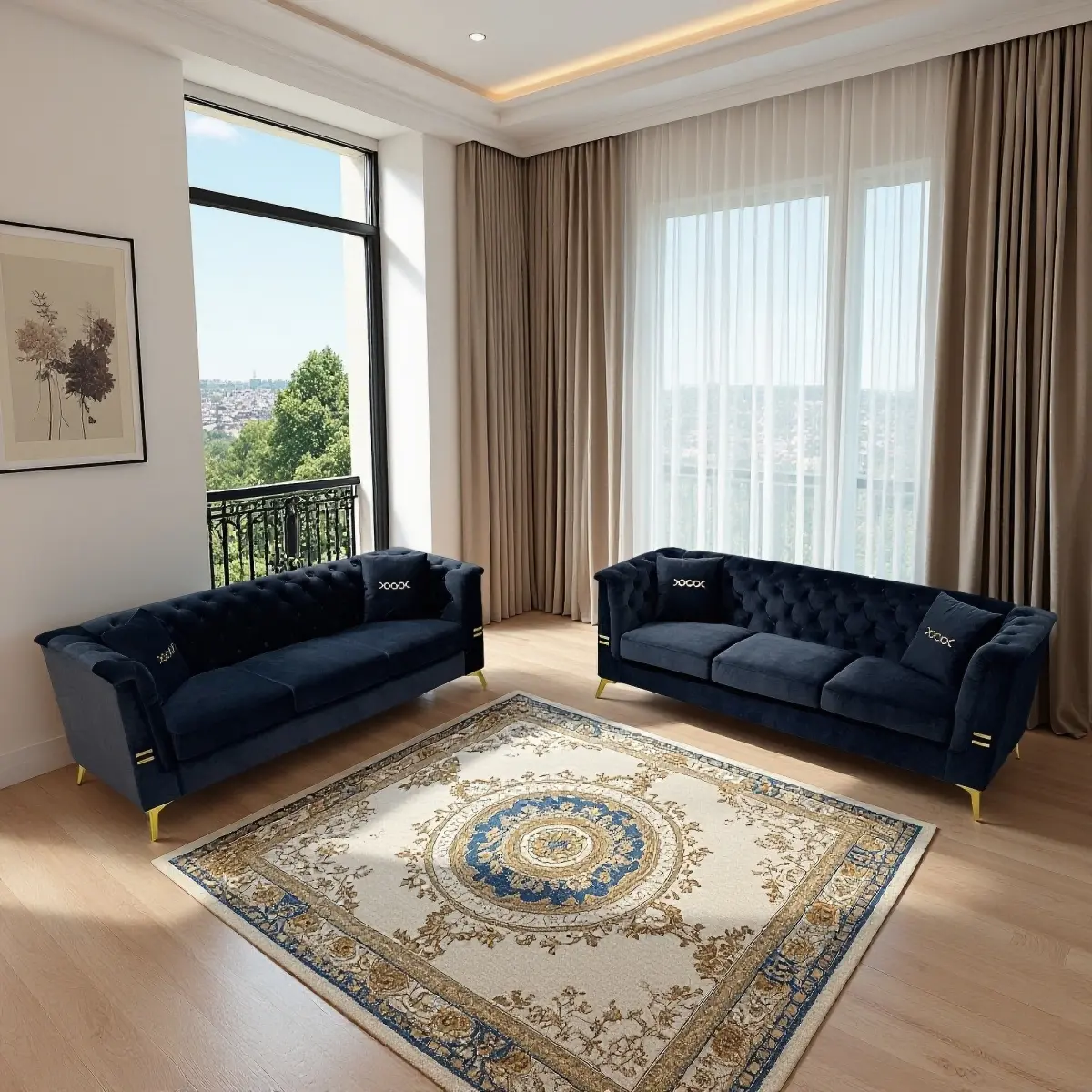 FX-P83-2PC SOFA -BK4  Black Velvet Sofa Set of 2, Two Modern 3-Seater Sofas with Plush Cushions & Gold-Tone Metal Legs  Stylish Living Room Couch Set for Homes, Apartments, and Guest Areas