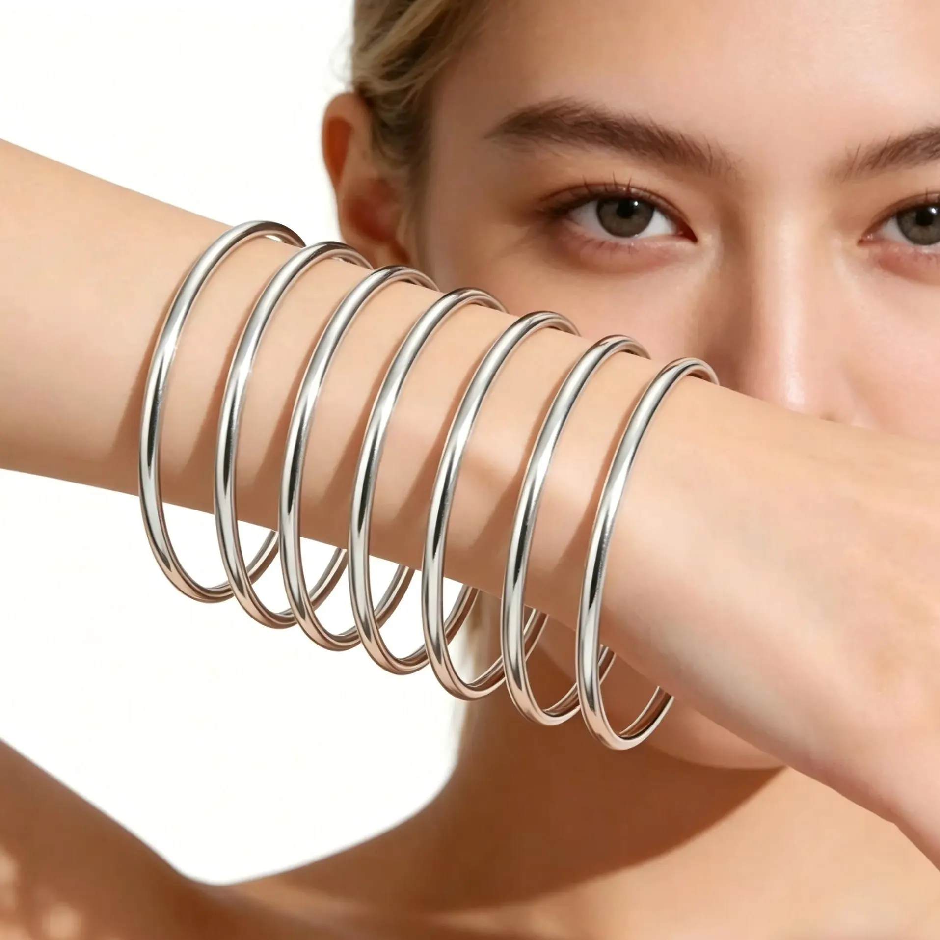 Women's 7-Piece Thin Silver-Plated Stackable Bangle Bracelets, Minimalist Hypoallergenic Cuff Bangles for Everyday Statement Jewelry