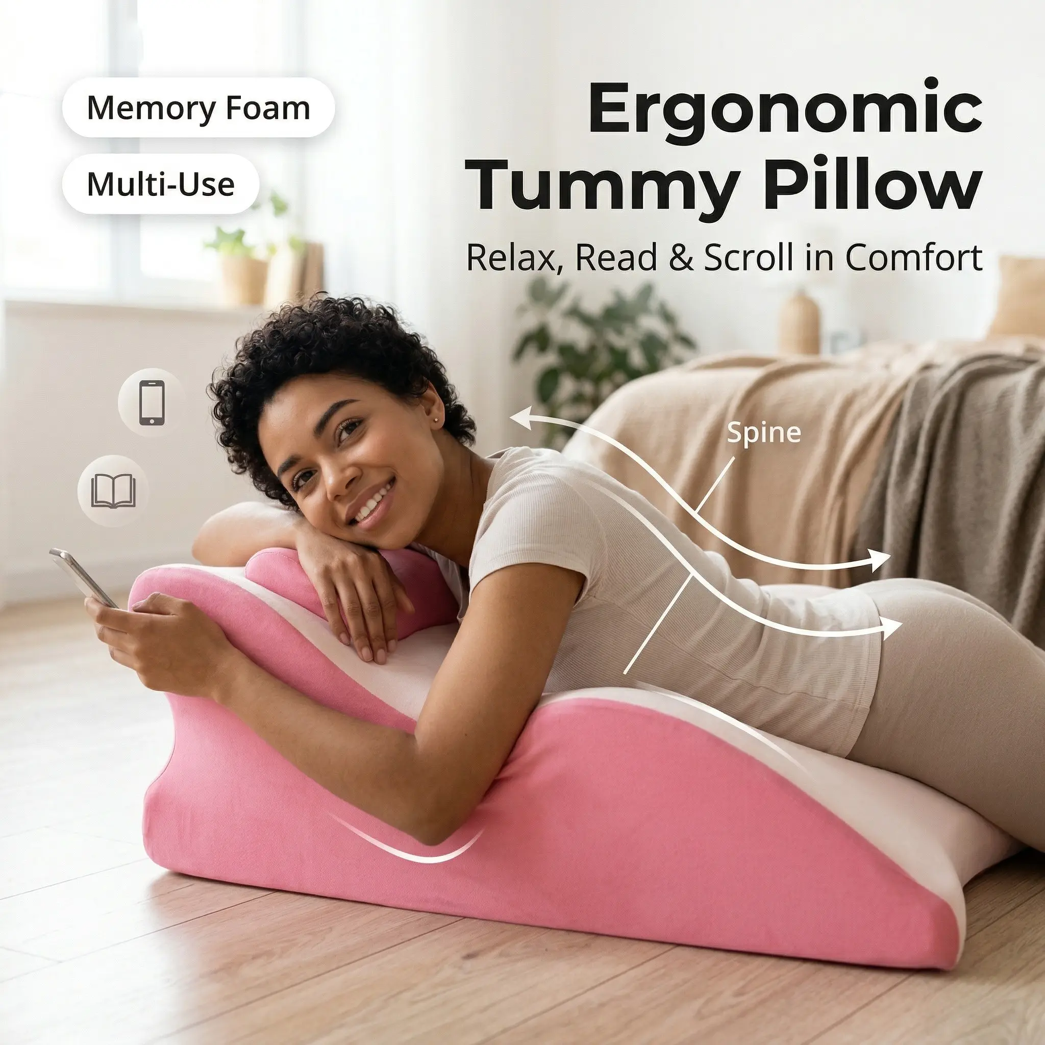 Ergonomic Memory Foam Stomach Sleeper Pillow, Multi-Position Prone Reading Wedge for Phone Use, Neck & Back Support, Leg Elevation and Bed Rest