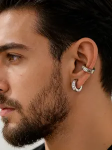 Men's Fashion Simple Rhinestone Clip Earrings, Casual Plain Design, Stainless Steel Plated, All Seasons Accessory