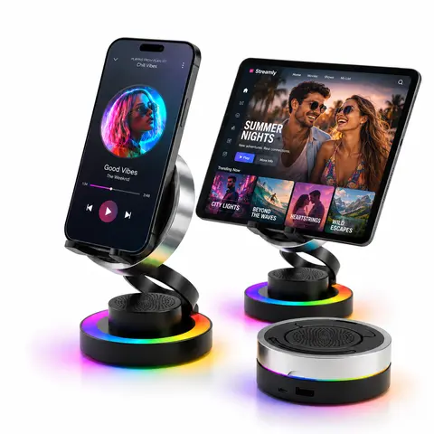 VANOTOM RGB Multifunction Speaker - Wireless Bluetooth Speaker Powerbank, Foldable Adjustable Smartphone Holder, Rechargeable Charging Device for iPhone/Samsung/Android, Ideal for Camping