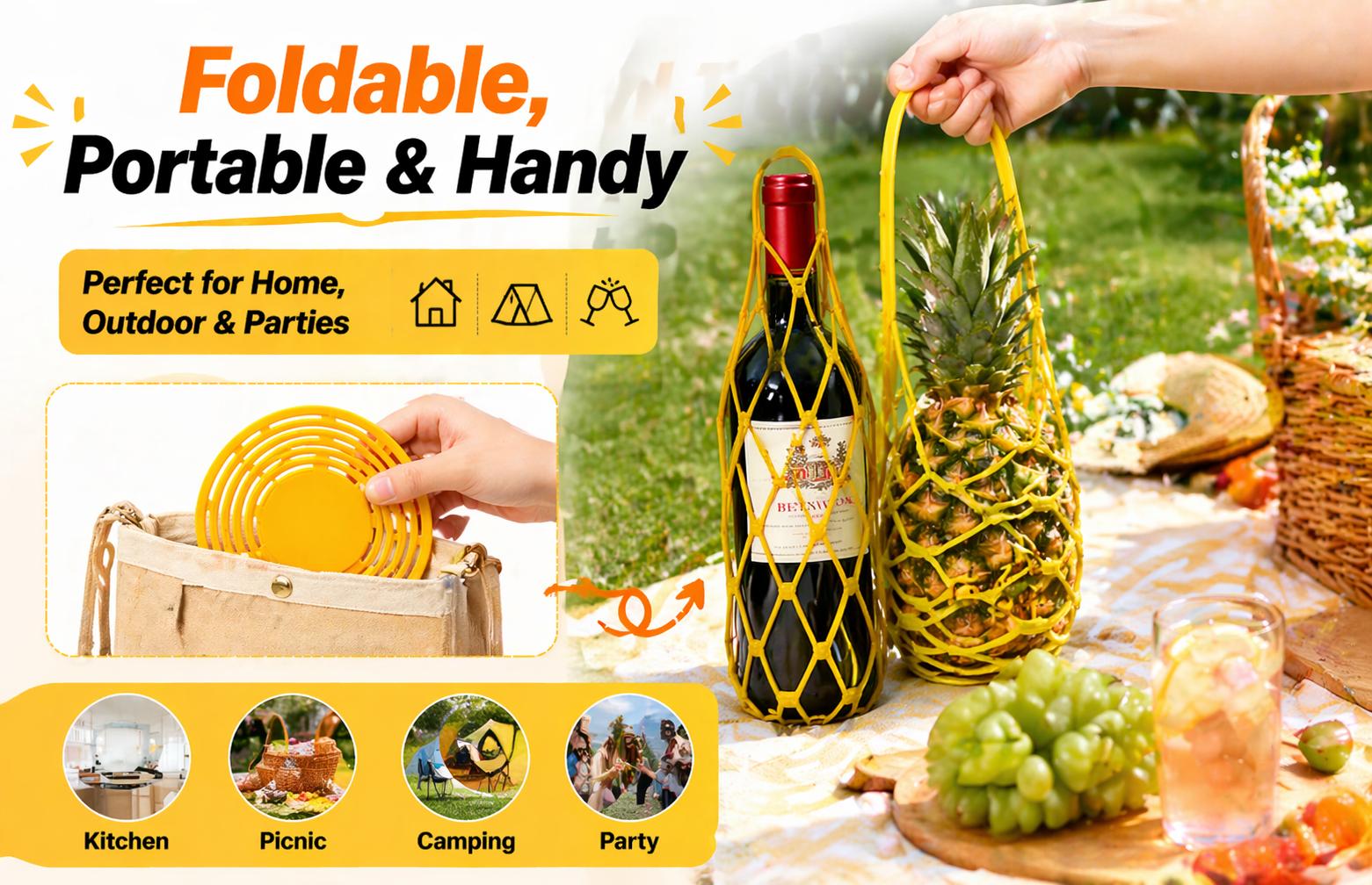 Multi-Use Silicone Storage Bag-4Pack & Organizer,Multifunctional Mesh Coaster,Foldable Silicone Wine Carrier,Handheld Bottle Mesh Coaster & Drink Holder,Expandable Bottle Tote for Fruit Wine Beverage