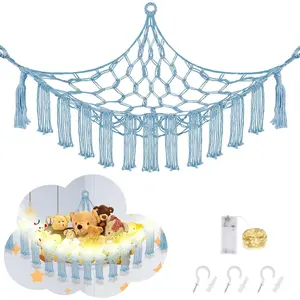 Stuffed Animal Hammock with LED Light, Toy Hammock for Stuffed Animals Storage for Kids Room Decor, Stuffed Animal Hammock Corner, Baby Blue Organiser