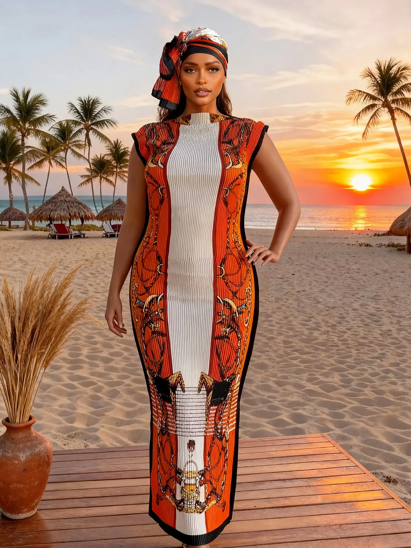 Elegant Pleated Fit and Flare Moo Moo Long Dress with Equestrian Print, Complete Set with Shawl and Long Silk Scarf for Beach Sun Protection, Beach Cover Ups, Swimsuit Cover Up