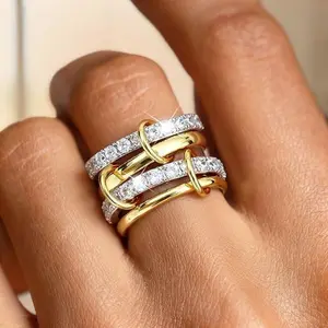 Trendy Gold Stackable Rings for Women Non Tarnish 18K Gold Plated Interlocked Stack Rings Set Silver Gold Mixed Metals Multi Ring Statement Thumb Rings Cubic Zirconia Connected Bands Fashion Jewelry Gifts