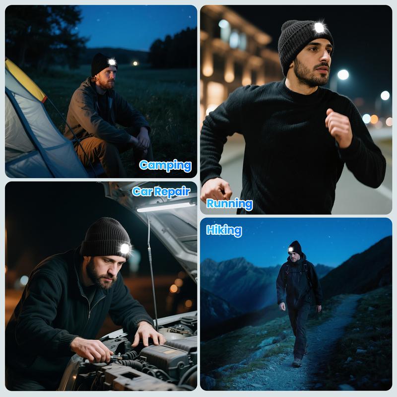 Music and dance style white light borderless cap，LED Beanie with Light, Unisex Rechargeable Flashlight Beanie Hat with Wireless Headphones, Unique Christmas Birthday Gifts for Men Women Black