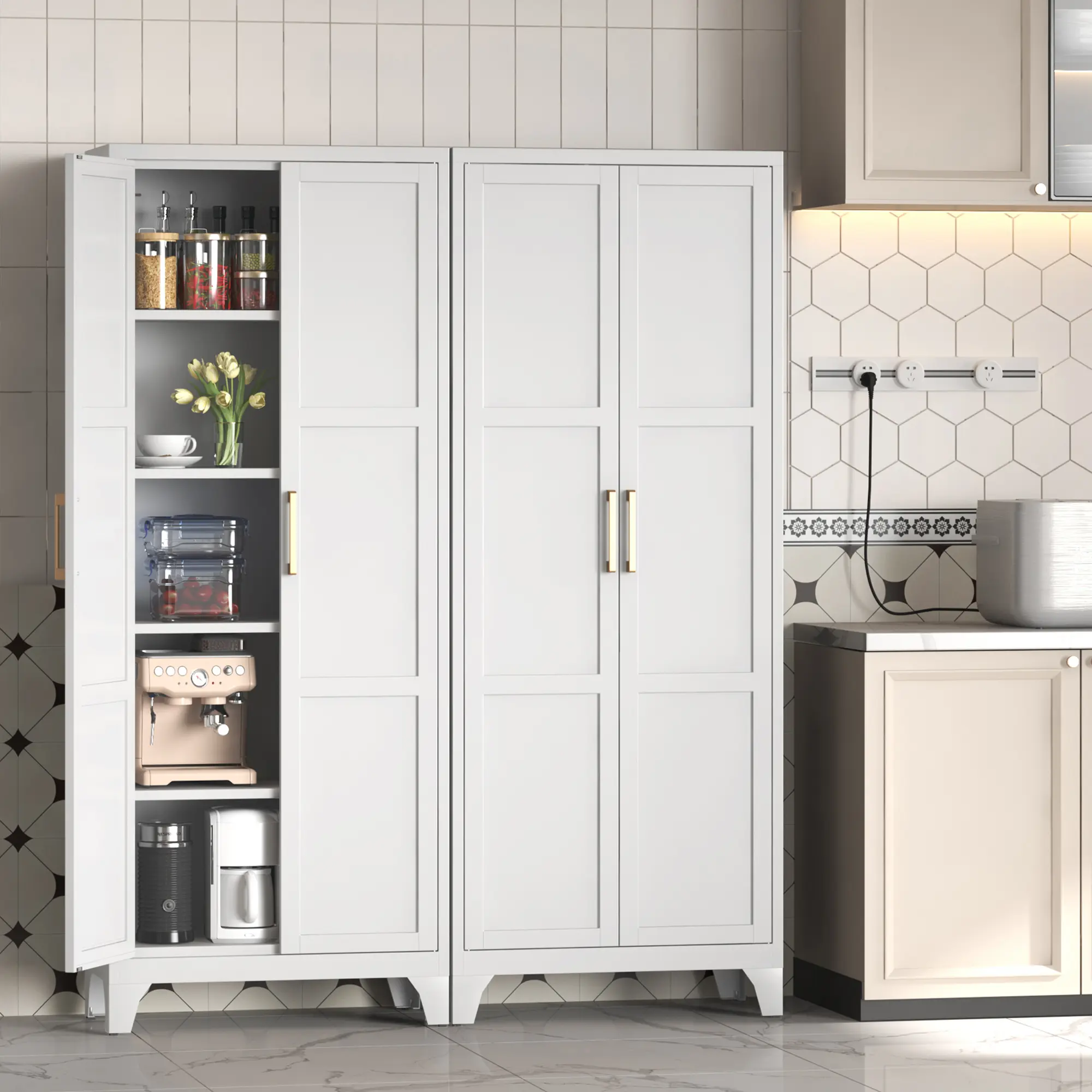 LONGLINK Double-Door Metal Tall Storage Cupboard with Adjustable Shelves, Gold Handles, Modern Steel Construction - Multifunctional Cabinet for Kitchen, Pantry Use, Requires Setup