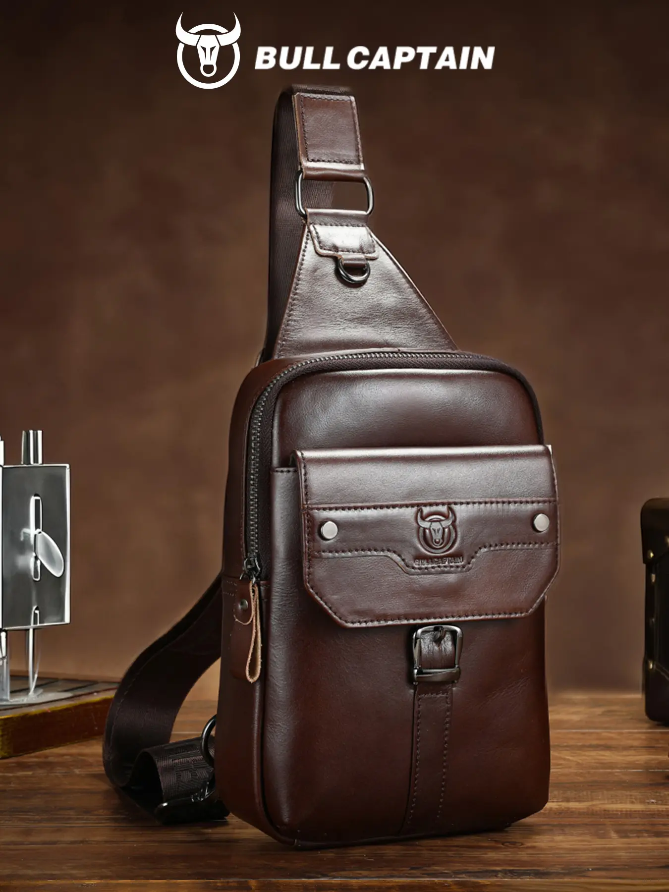 BULLCAPTAIN Men's Vintage Top-Grain Leather Sling Bag Genuine Leather Crossbody Chest Design Adjustable Chest Pack Multifunctional Chestbag with Dedicated Phone & Tablet Compartments Premium Feel Durable EDC Holder Bag
