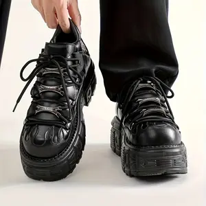 Men's street metal punk rock shoes. Thick sole retro dad shoes. Boot-style design. PU upper and non-slip rubber outsole. Suitable for all seasons. Lace-up men's formal and casual shoes. Perfect for hiking, office, casual street fashion, high-quality finis
