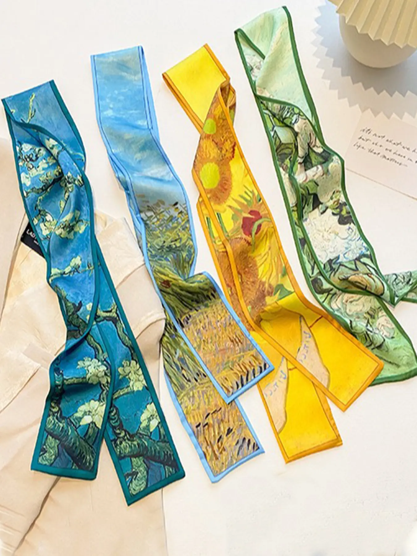 4 Pcs / 1 Set Oil Art Elegant French Style Printed Polyester Scarf Set, Artistic Scarf, Oil Painting Striped Design, Vintage Headband, Woven Ribbon, Multifunctional Hair Scarf Accessory for Women & Girls, Weave